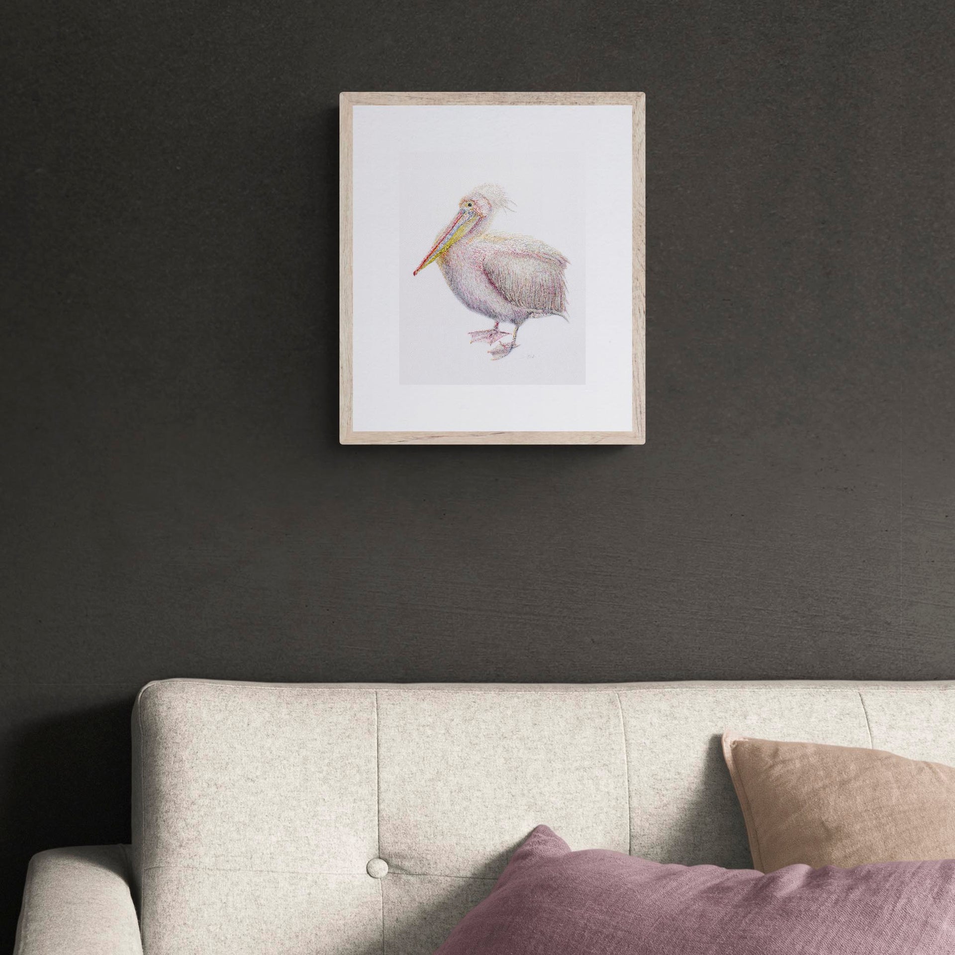 Pelican hand embroidered limited edition print in frame on the wall