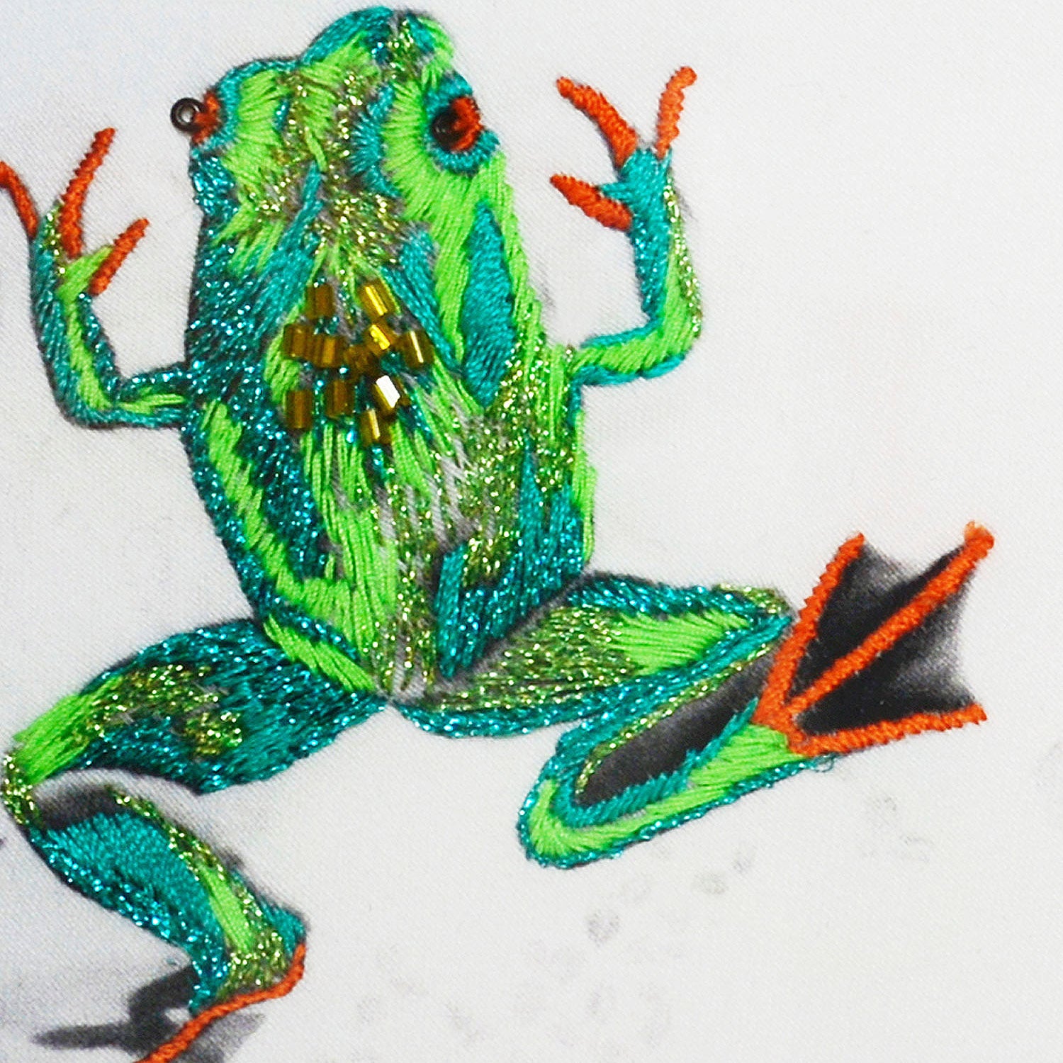 Hand Embroidered Frogs Artwork close up