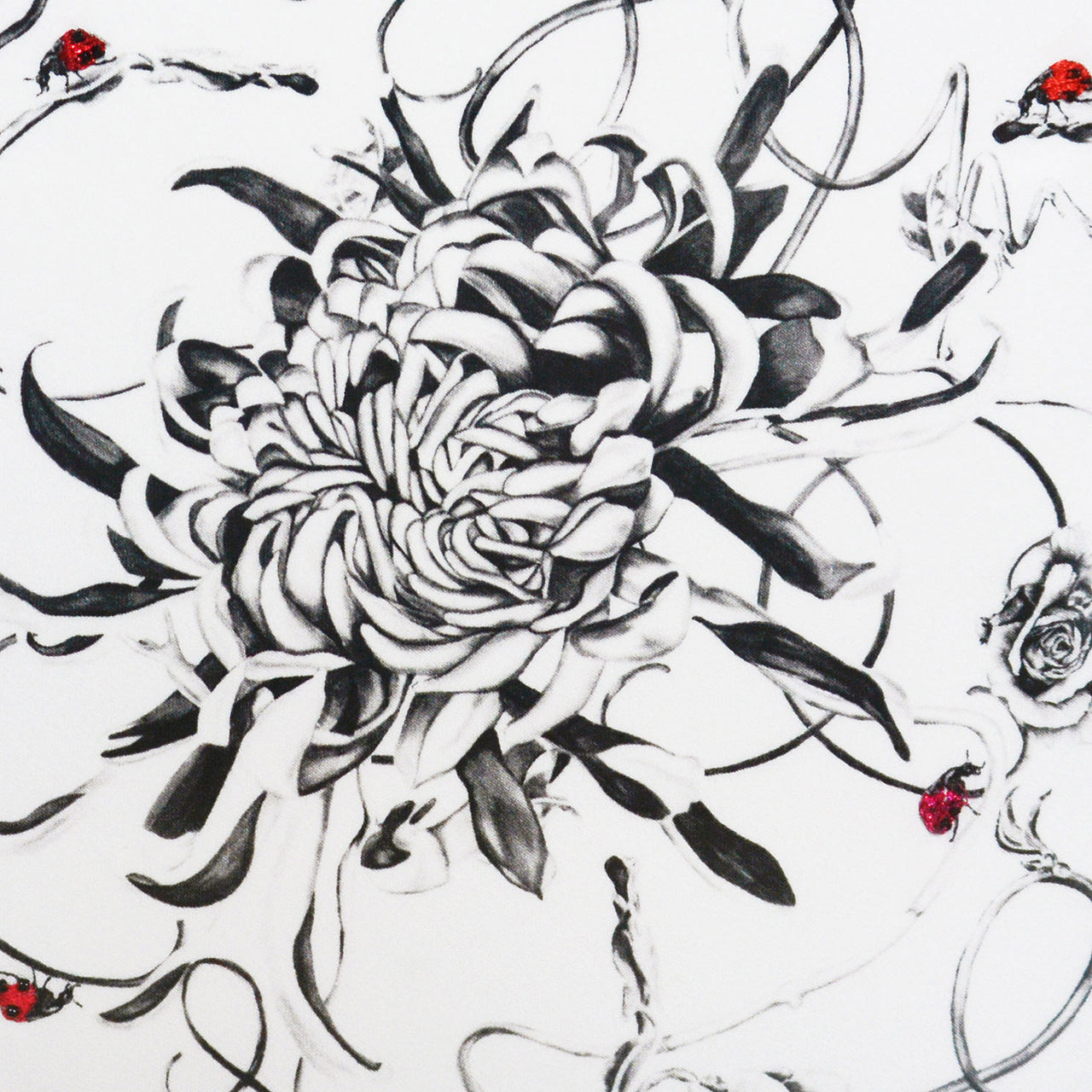 Artwork with monochrome floral design and hand embroidered ladybirds close up