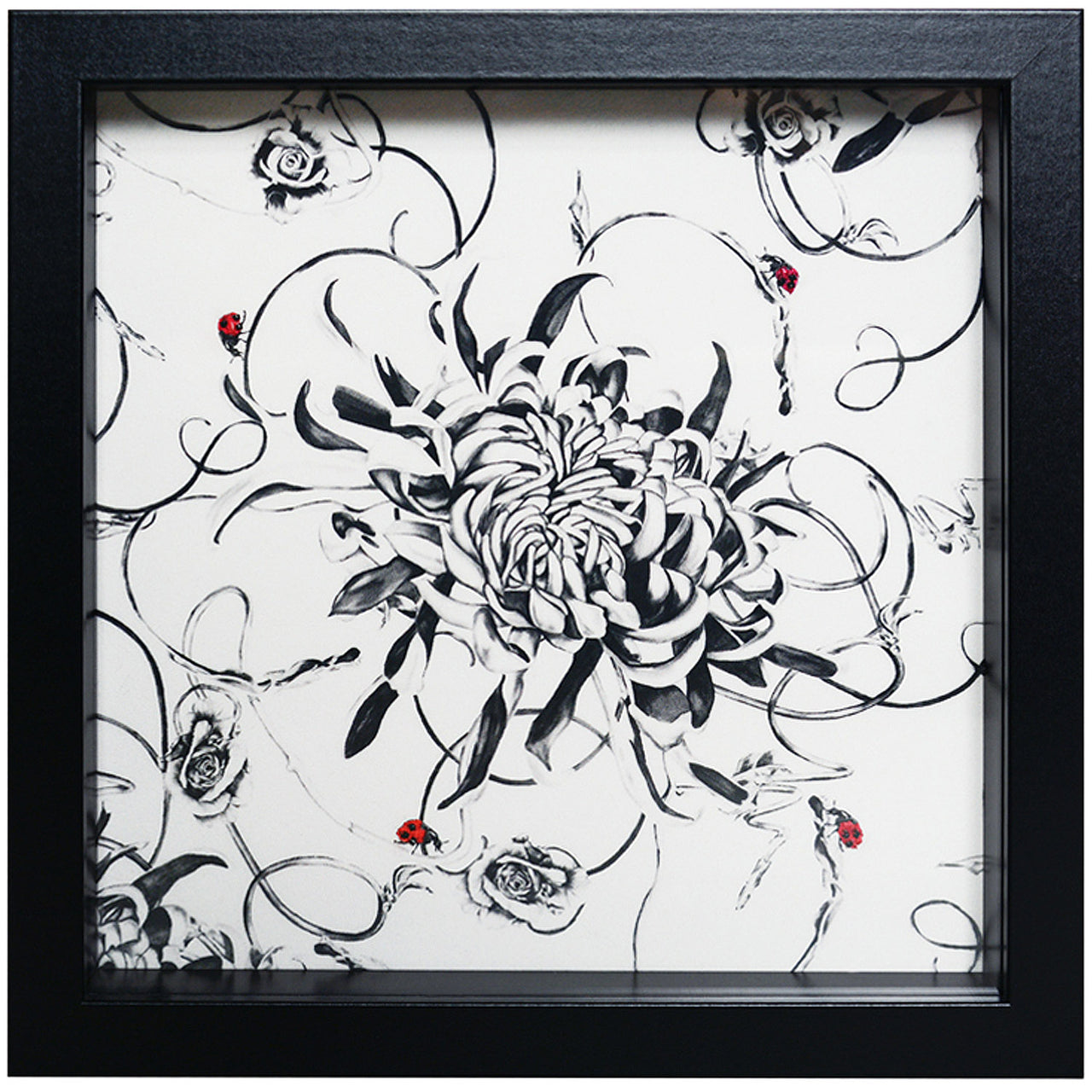 Artwork with monochrome floral design and hand embroidered ladybirds