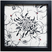 Artwork with monochrome floral design and hand embroidered ladybirds