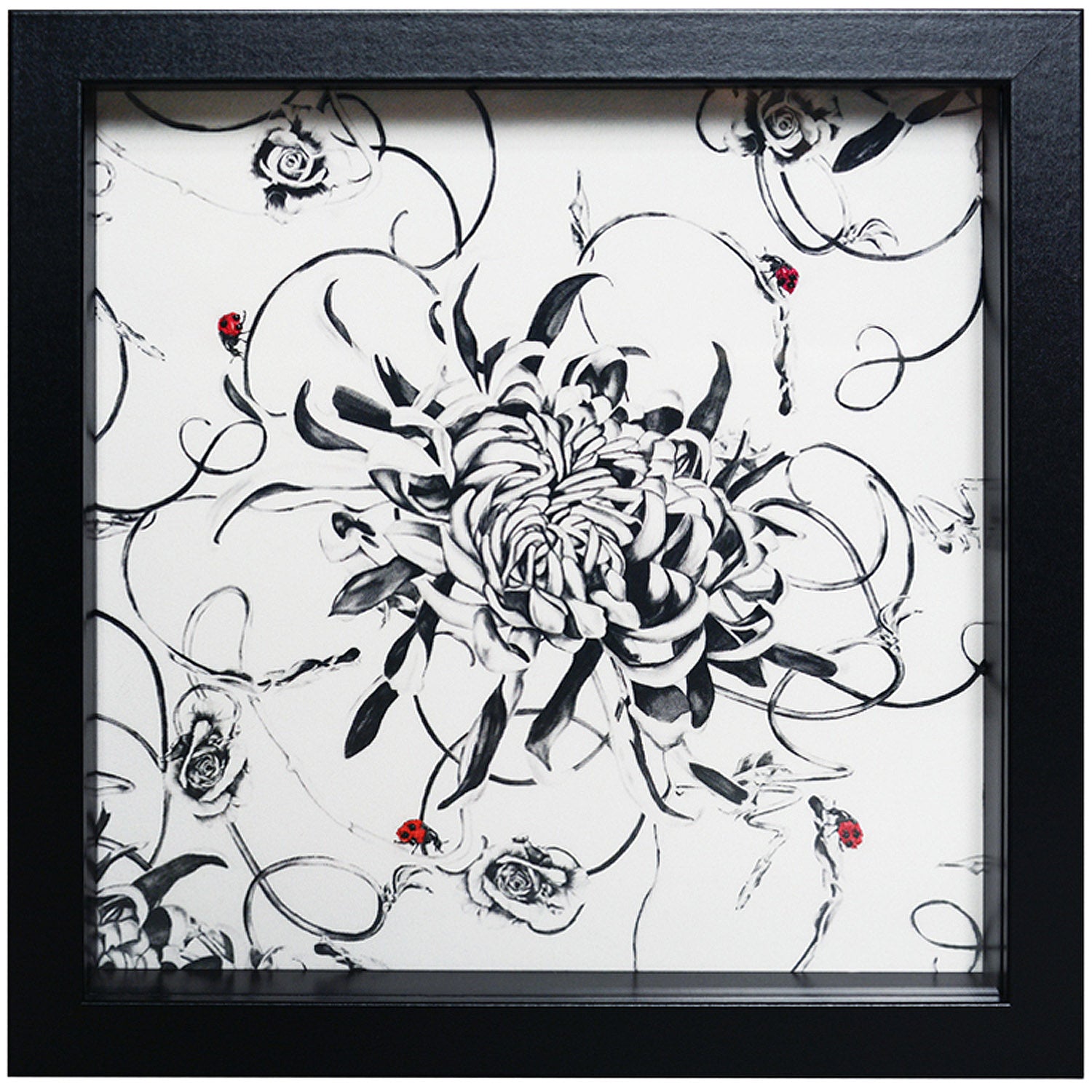 Artwork with monochrome floral design and hand embroidered ladybirds