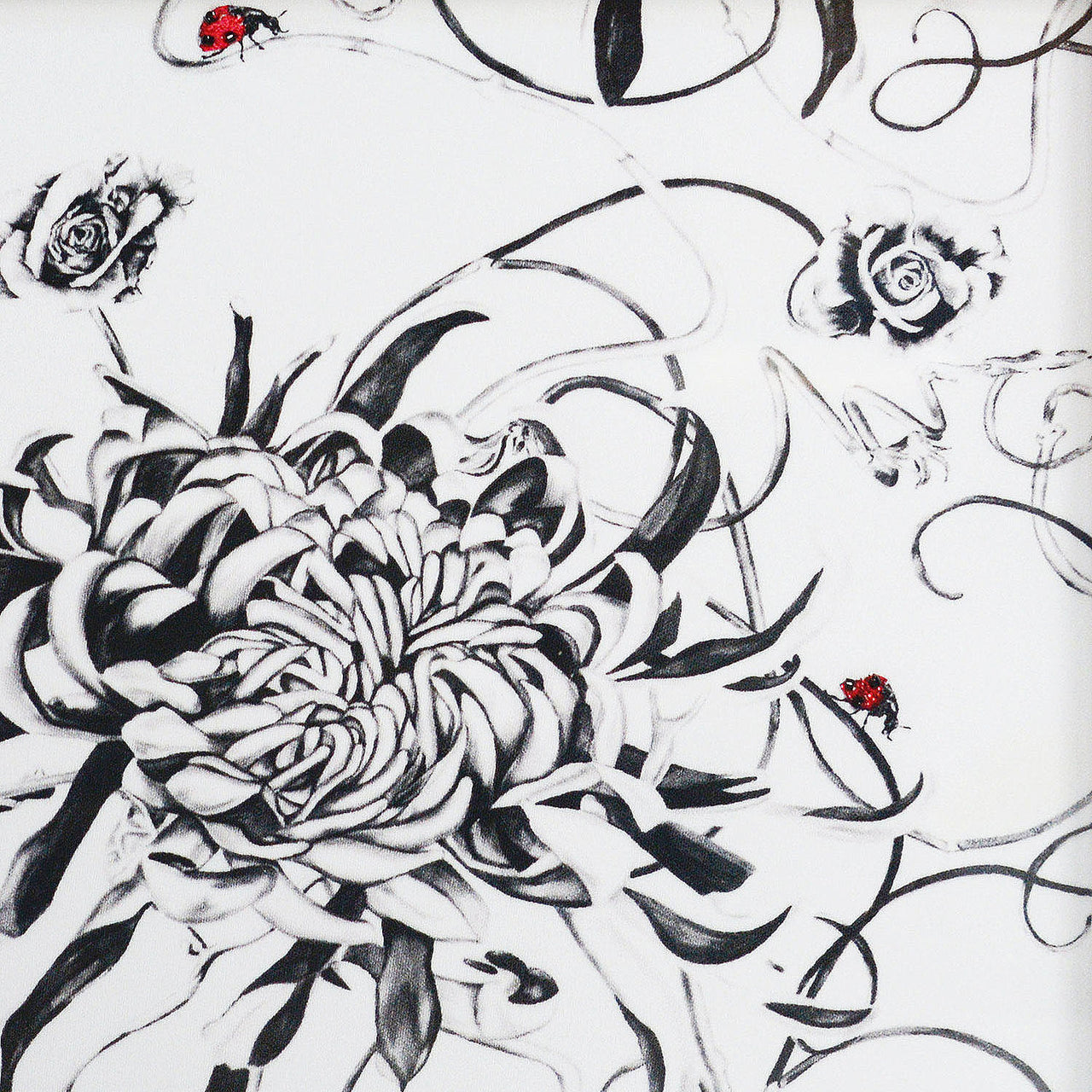 Artwork with monochrome floral design and hand embroidered ladybirds
