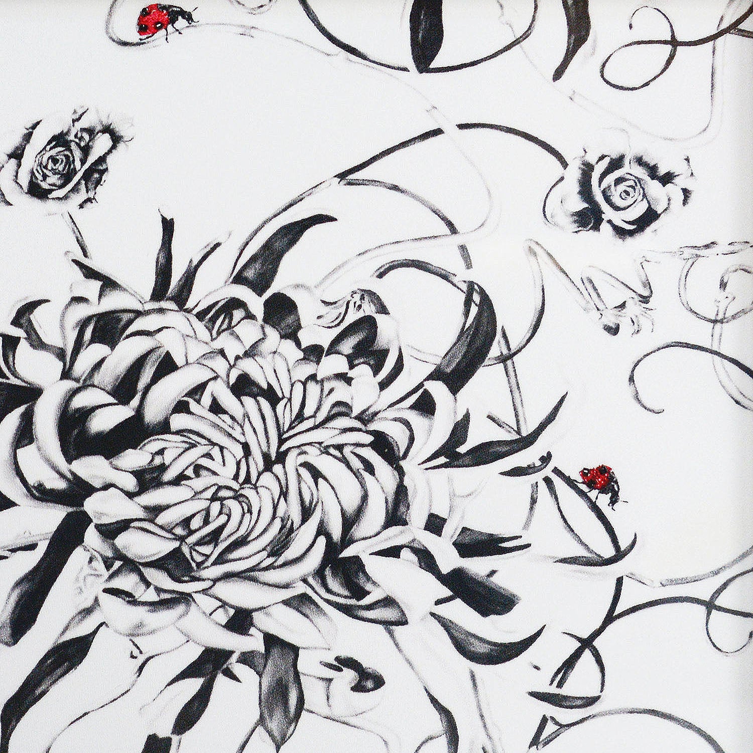 Artwork with monochrome floral design and hand embroidered ladybirds