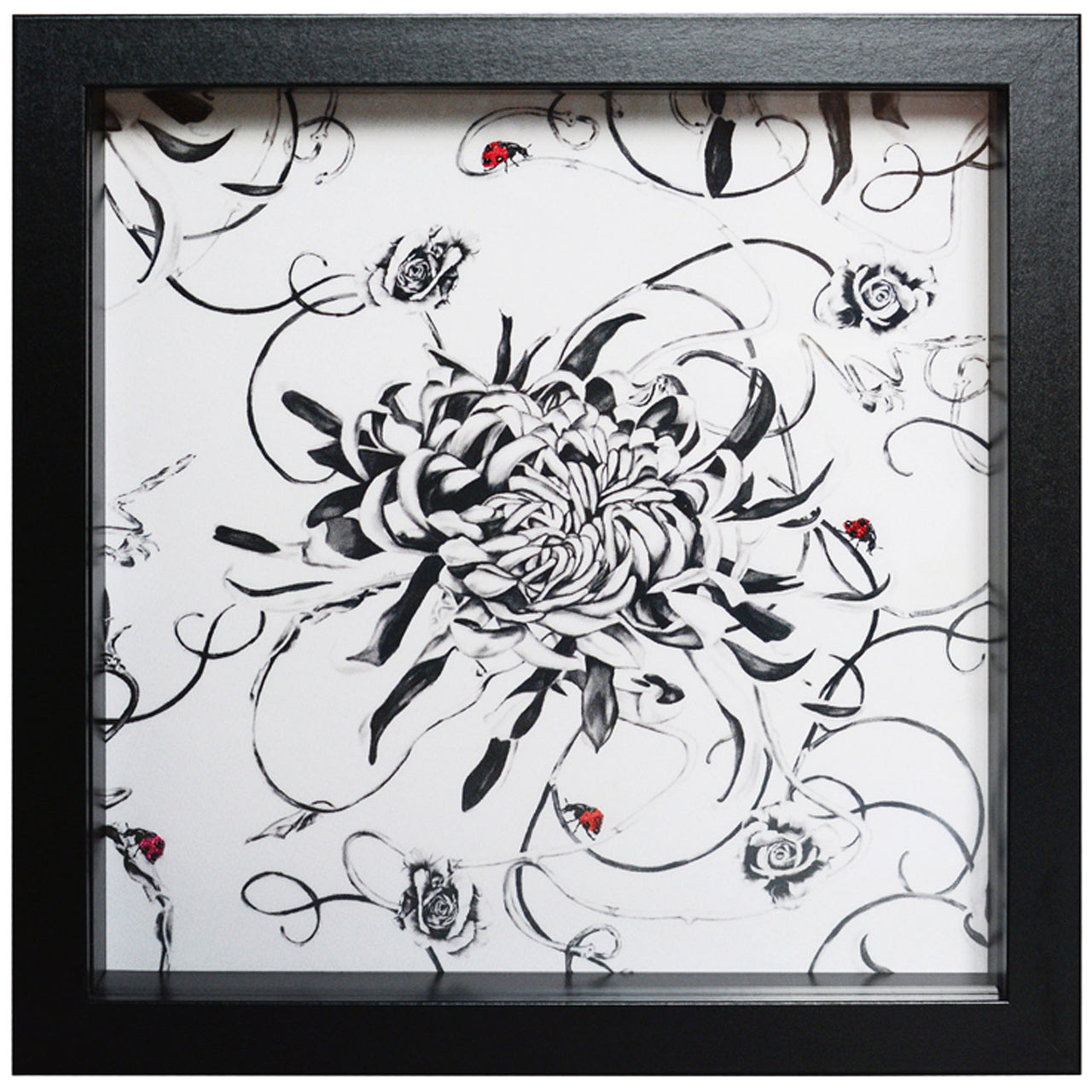 Artwork with monochrome floral design and hand embroidered ladybirds