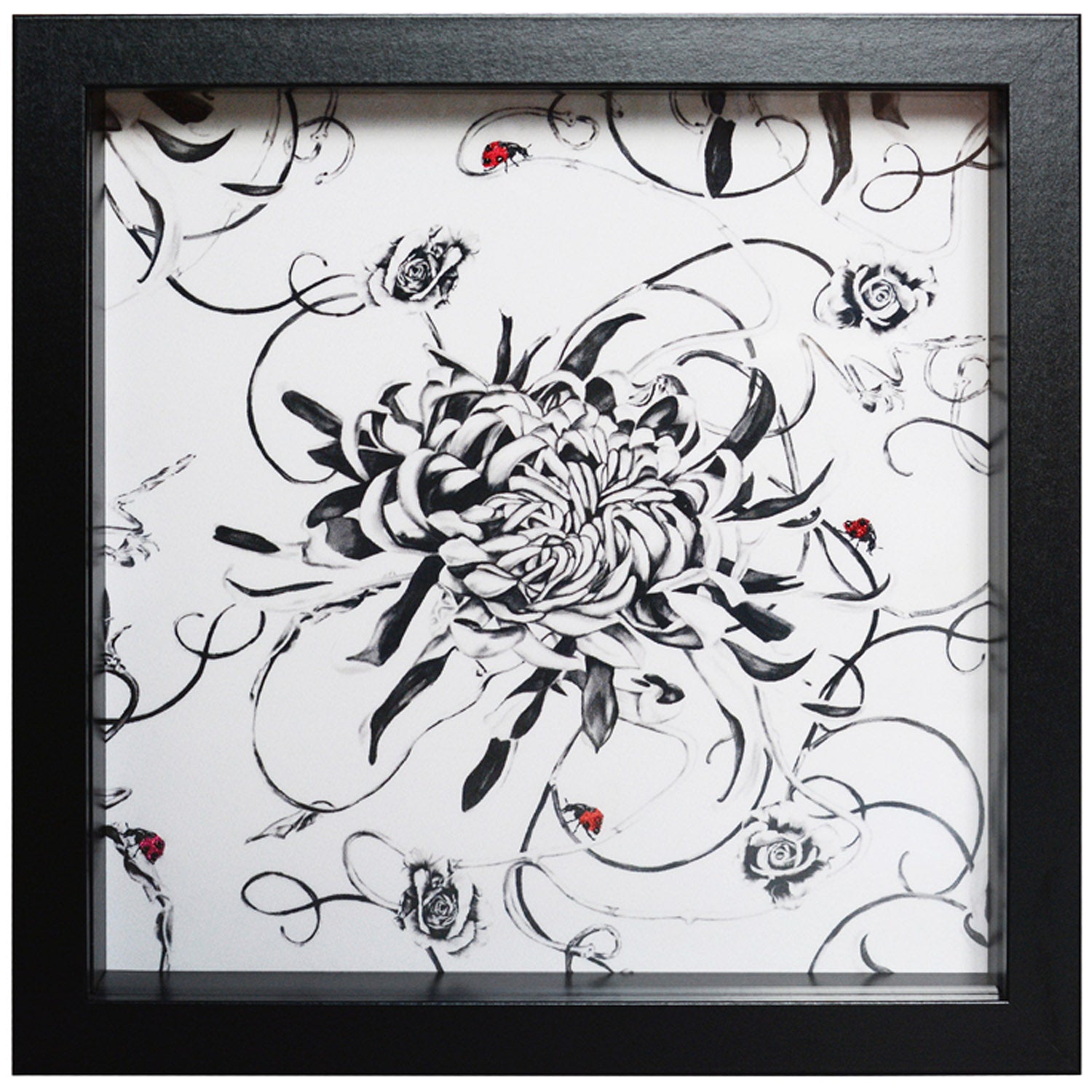 Artwork with monochrome floral design and hand embroidered ladybirds