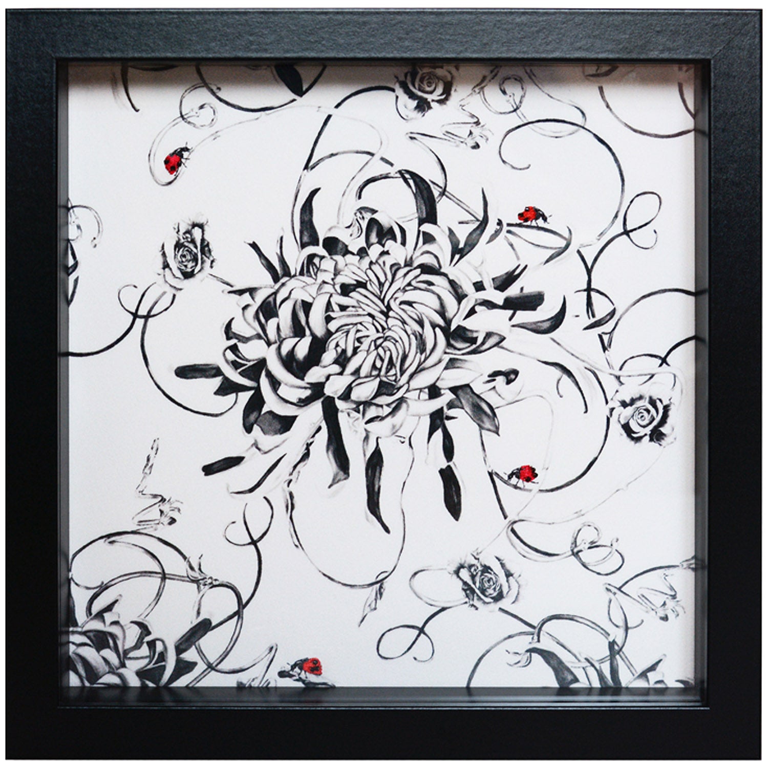 Artwork with monochrome floral design and hand embroidered ladybirds