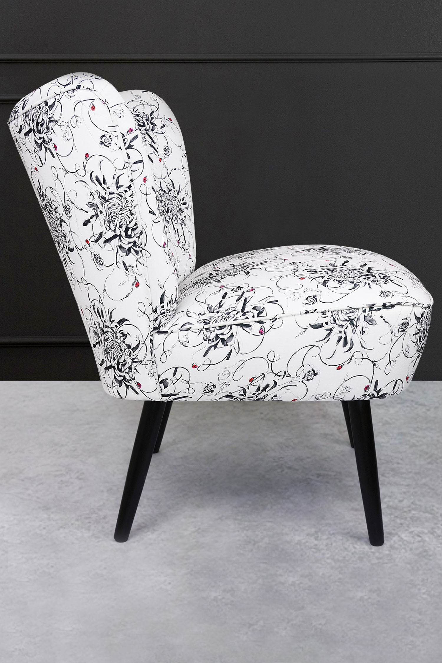 cocktail chair with floral chrysanthemum fabric side view