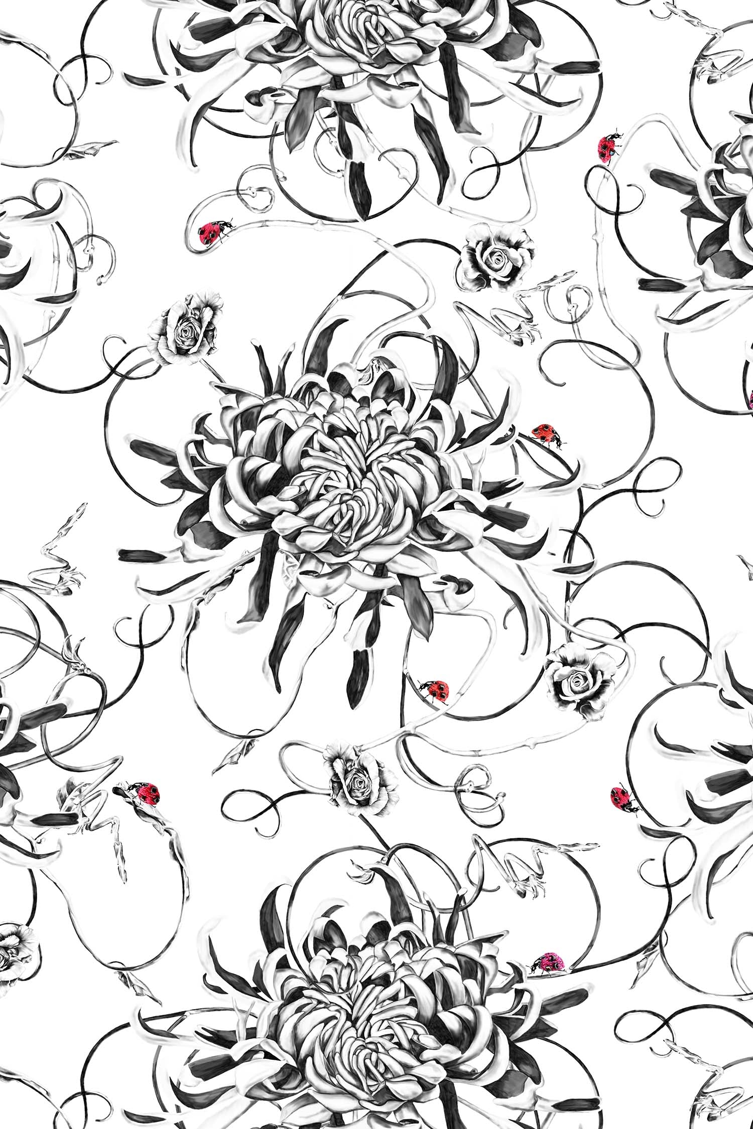 Monochrome floral wallpaper with red ladybirds close up.