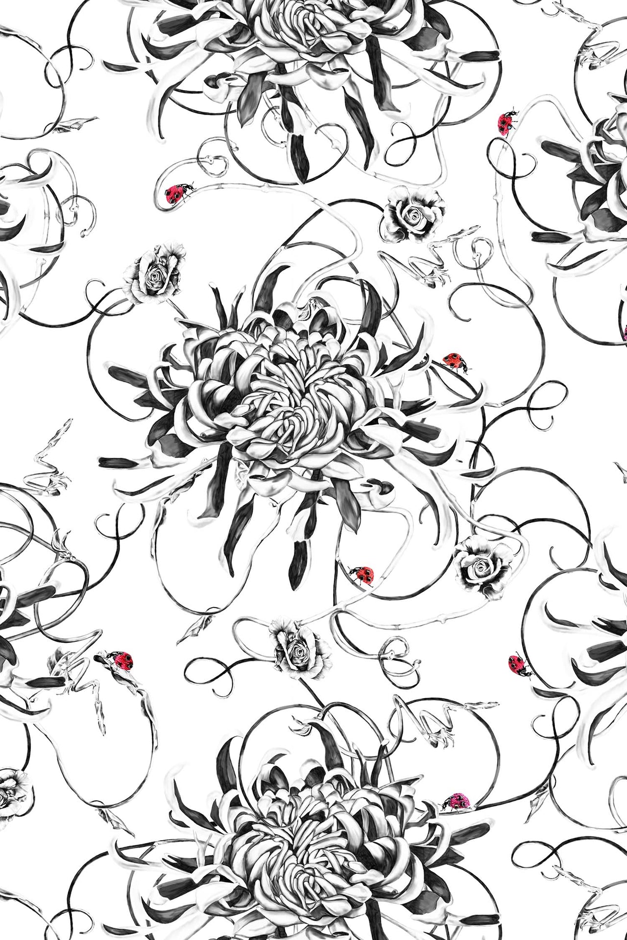 Monochrome floral wallpaper with red ladybirds