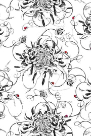 Monochrome floral wallpaper with red ladybirds