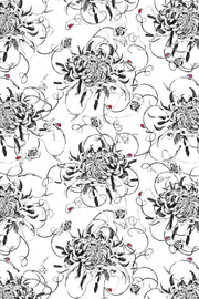 Monochrome floral wallpaper with red ladybirds.