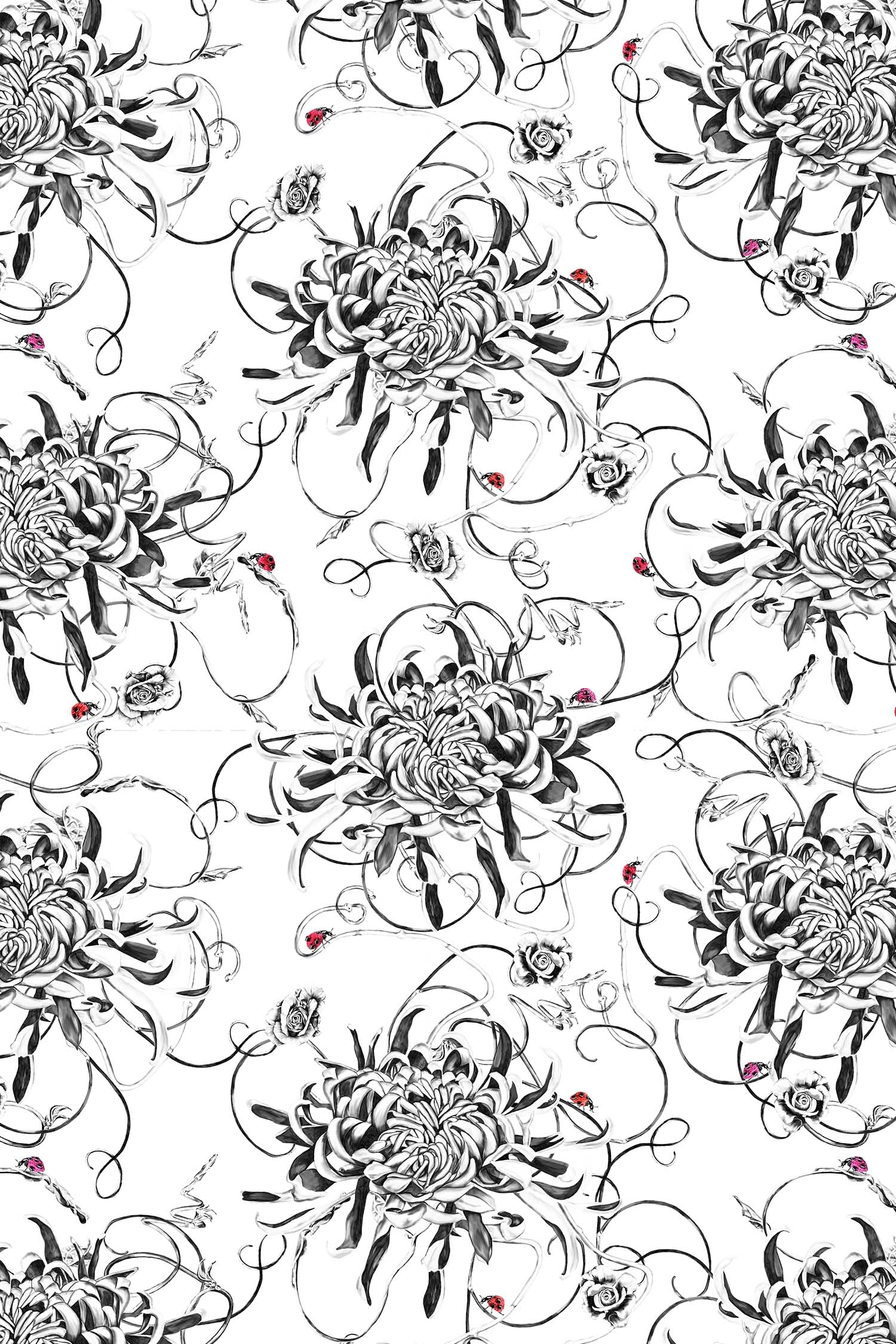 Monochrome floral wallpaper with red ladybirds.