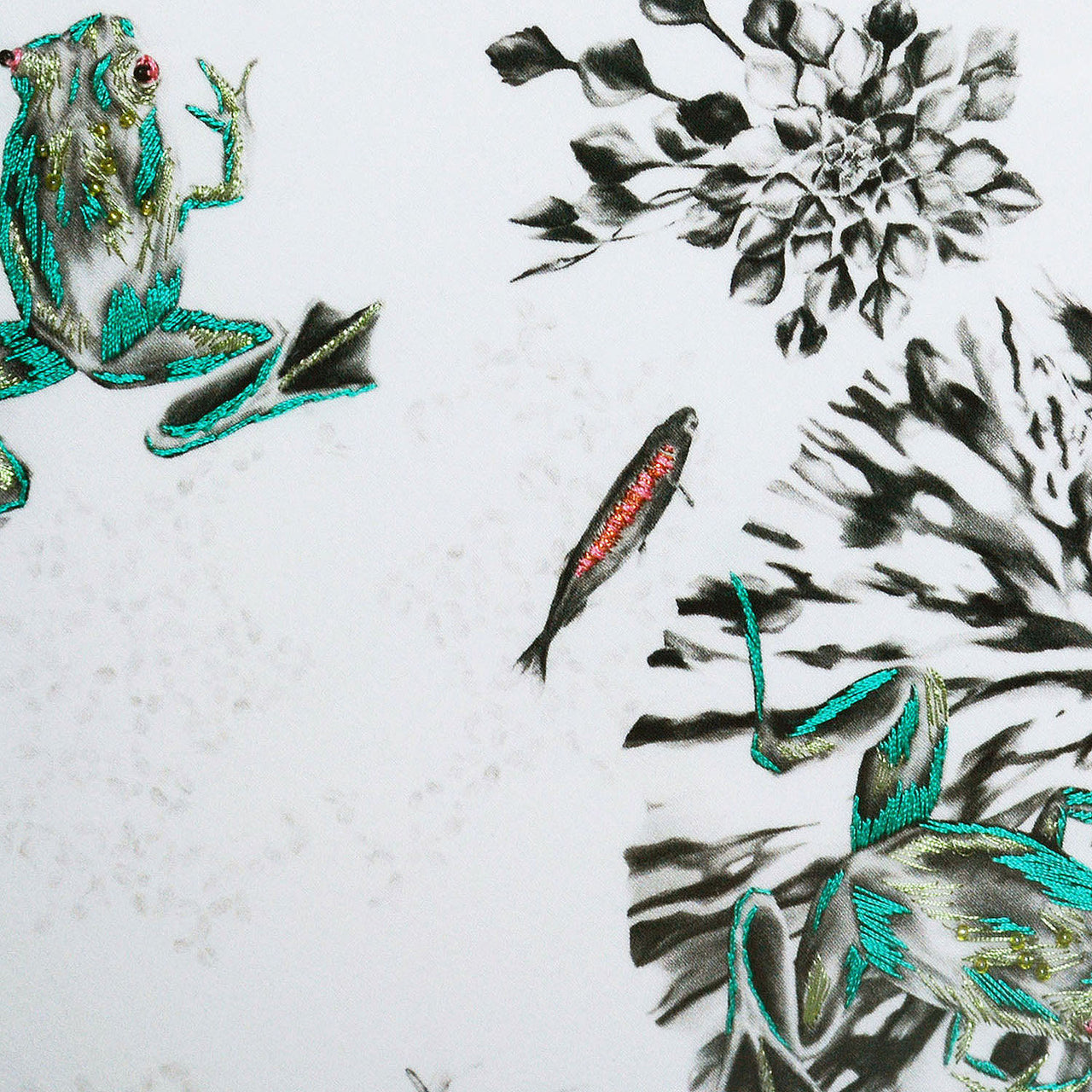 Hand Embroidered Frogs Artwork close up