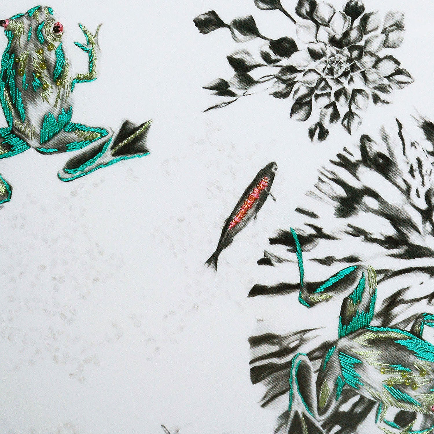 Hand Embroidered Frogs Artwork close up