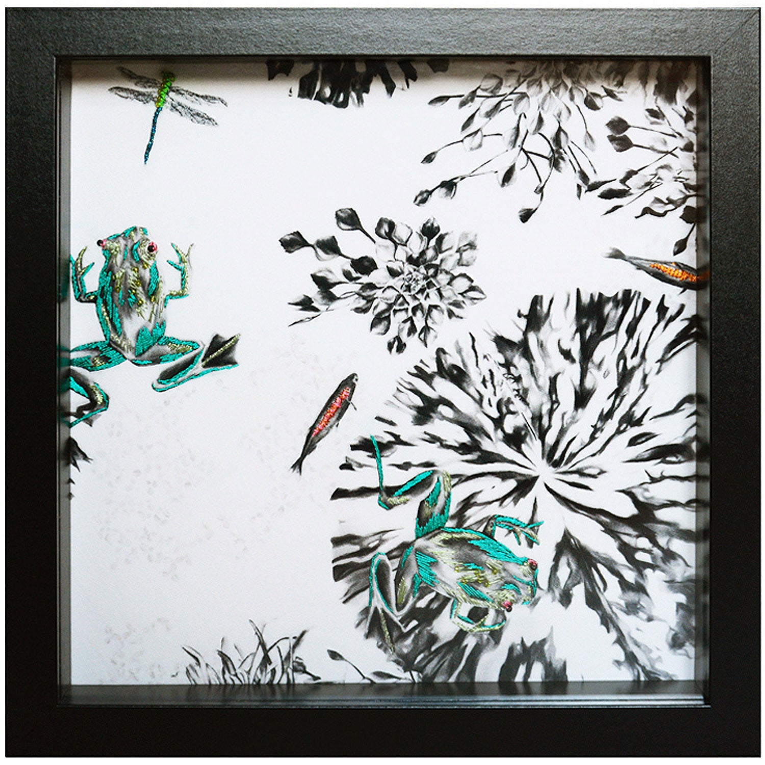 Hand Embroidered Frogs Artwork