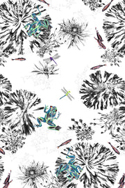 Frogs, fish, dragonfly and lily pad wallpaper close up.