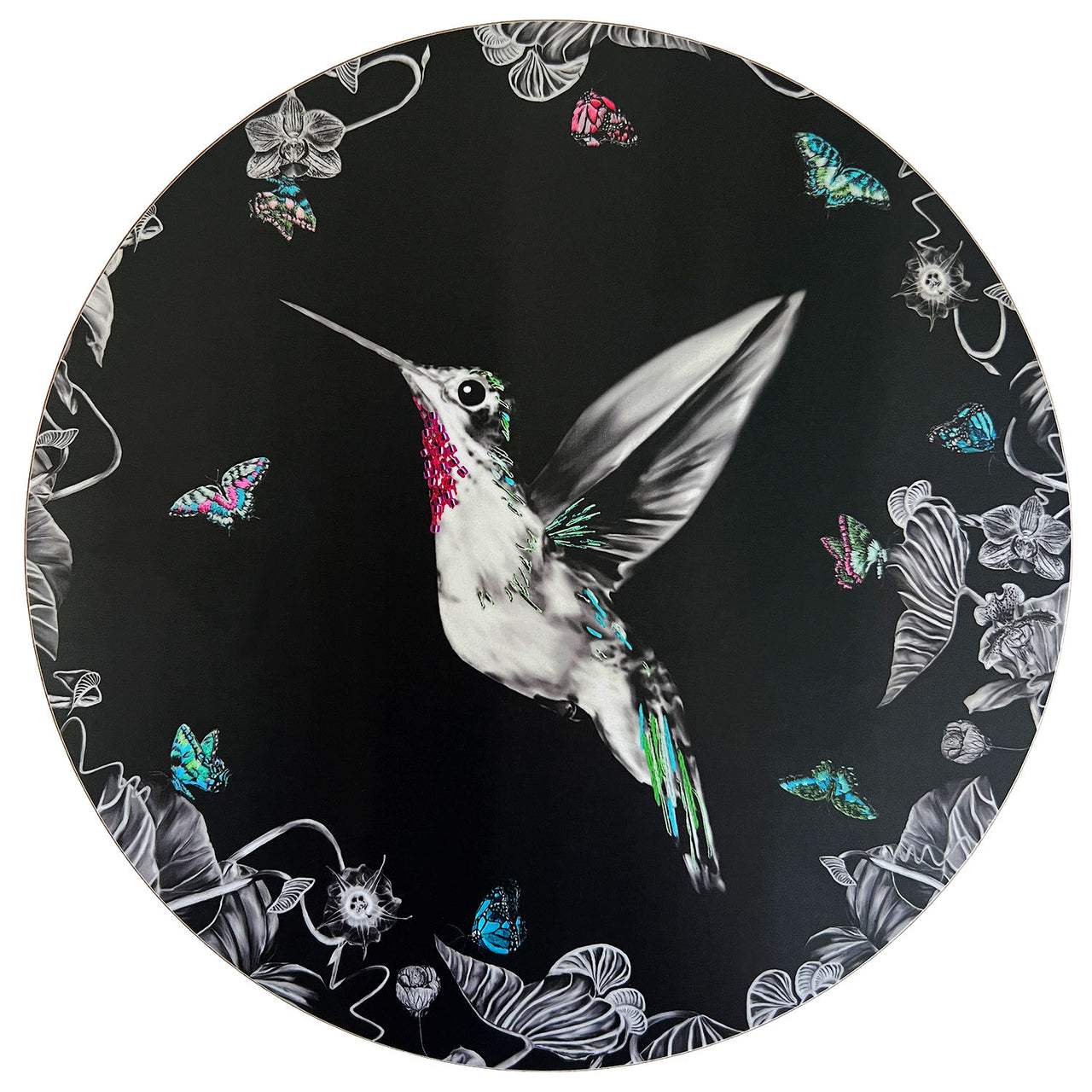 Hamilton hummingbird placemat in black.