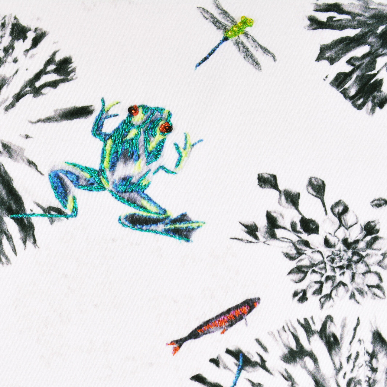 Frogs, fish, dragonfly and lily pad large square cushion close up