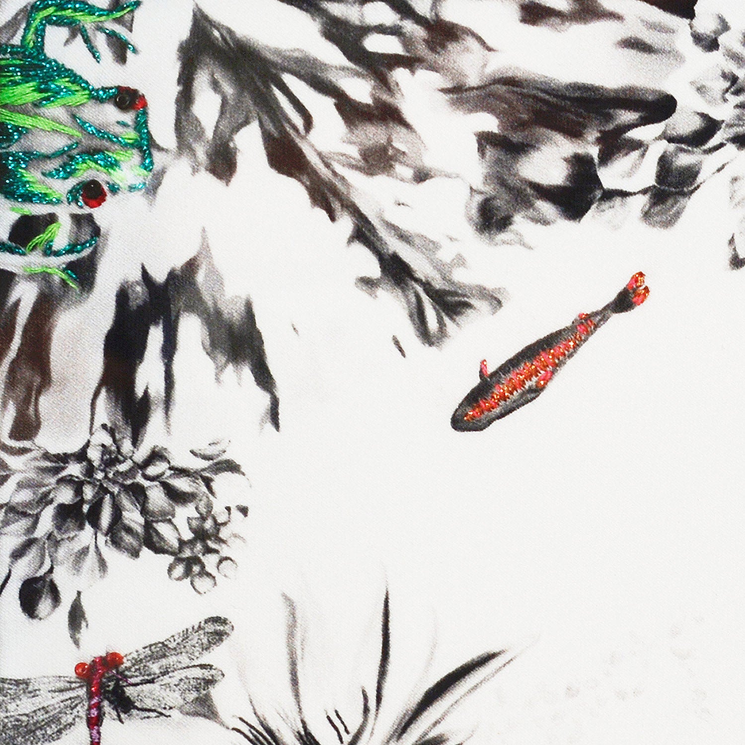 Hand Embroidered Frogs Artwork close up