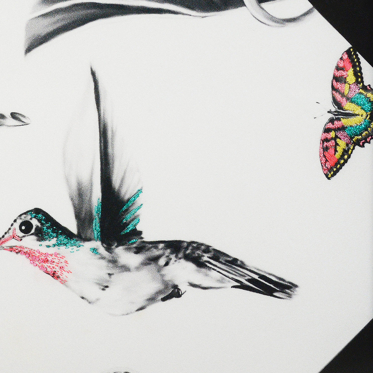 Hand Embroidered Hummingbird Artwork close up