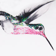 Bolster cushion with hand embroidered hummingbirds close up