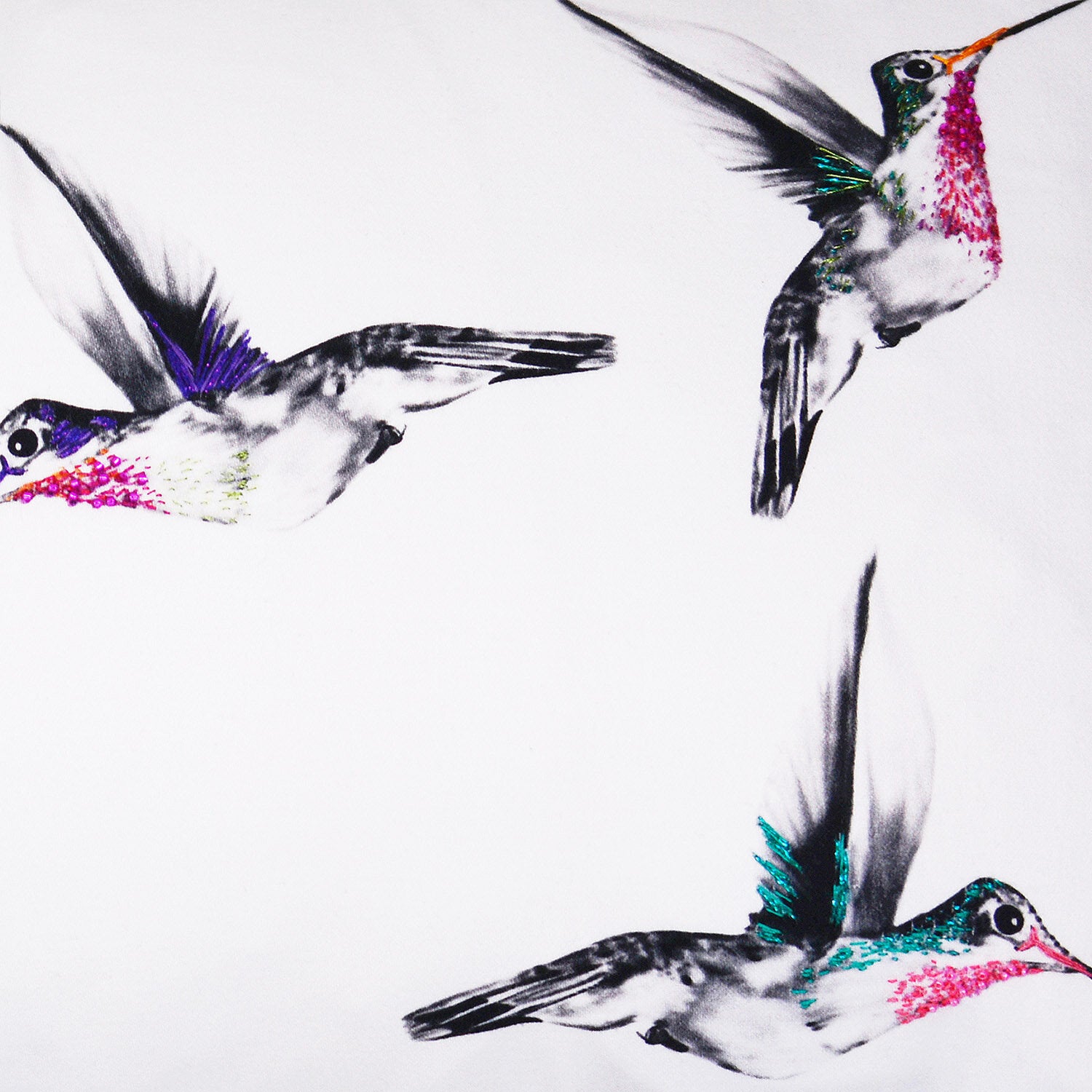 Bolster cushion with hand embroidered hummingbirds close up