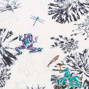 Botanical bolster cushion with hand embroidered frogs and fish close up