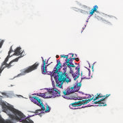 Botanical bolster cushion with hand embroidered frogs and fish close up