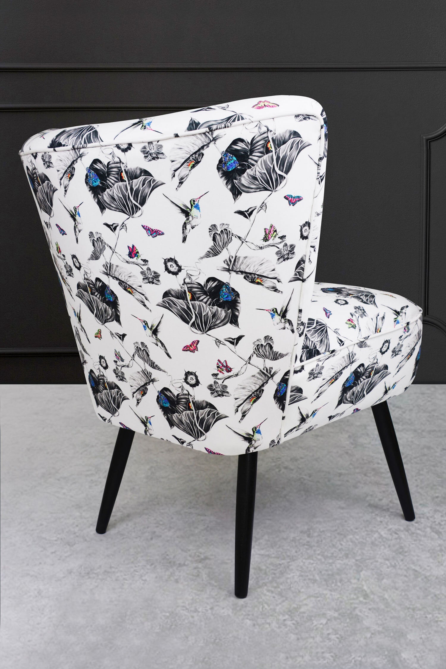cocktail chair with multi hummingbirds fabric back view