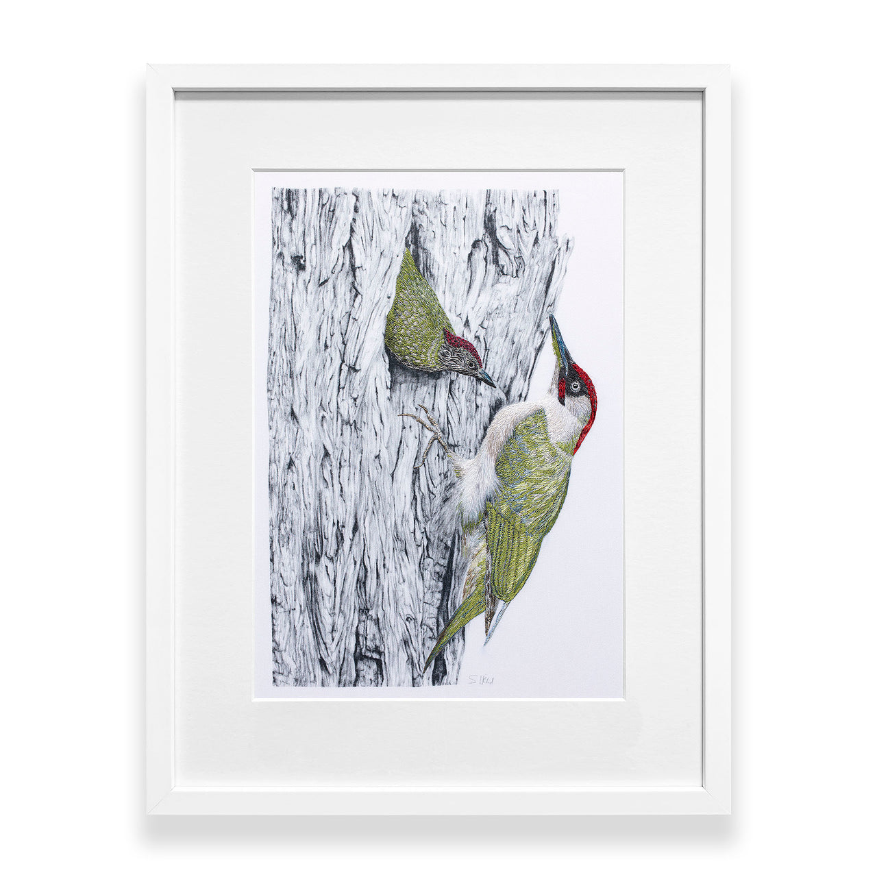 Pencil drawing with hand embroidery Woodpecker in a white frame