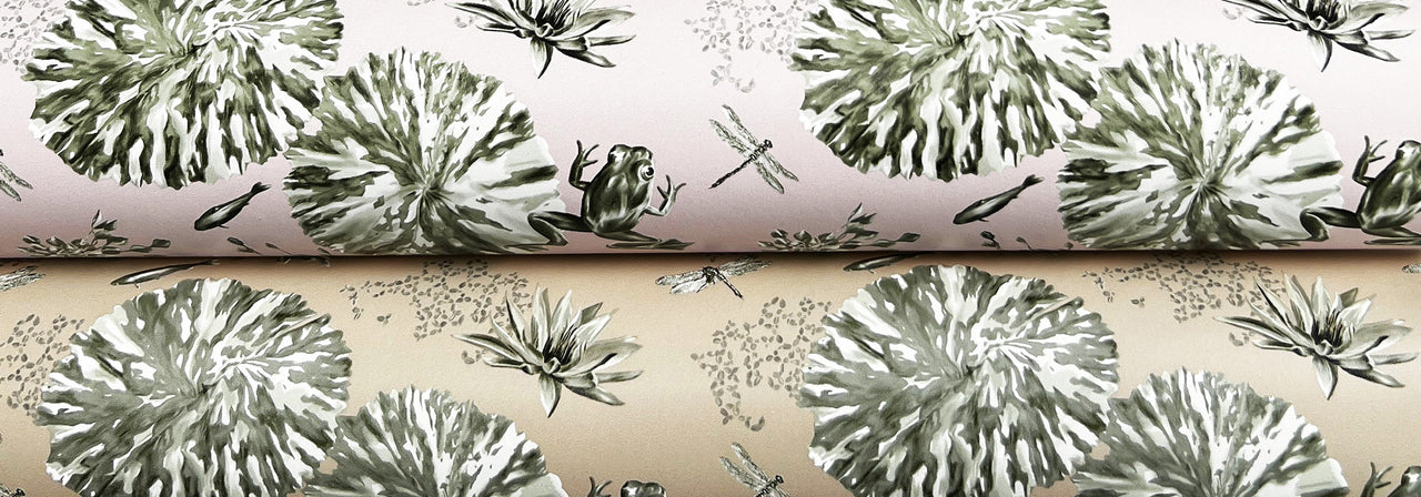 Frogs on a lily pad wallpapers in blush pink and biscotti.