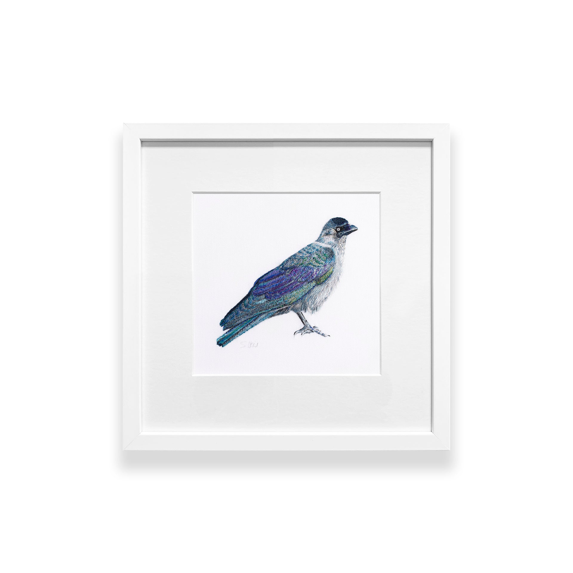Hand embroidered jackdaw mounted and framed