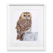 Owl pencil drawing with hand embroidery and beading artwork in a white frame