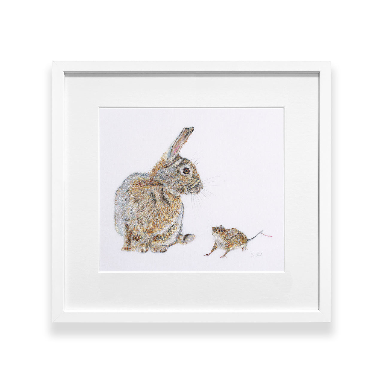 Rabbit & Mouse hand embroidered artwork in a white frame