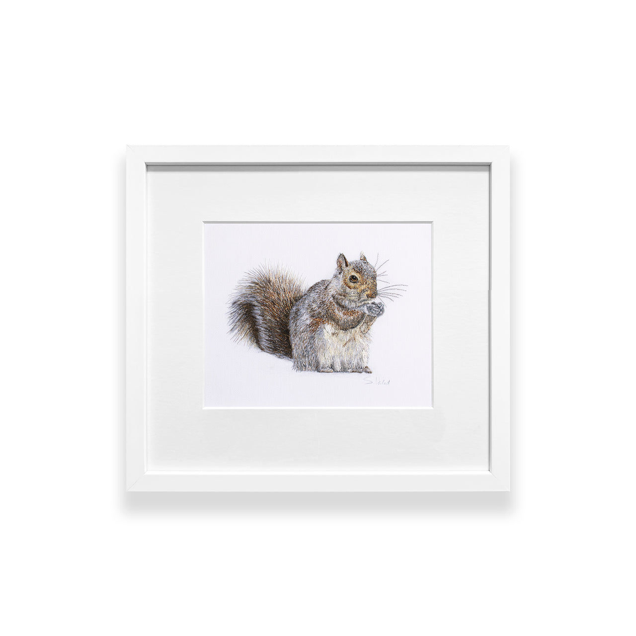 Hand embroidered squirrel in white frame