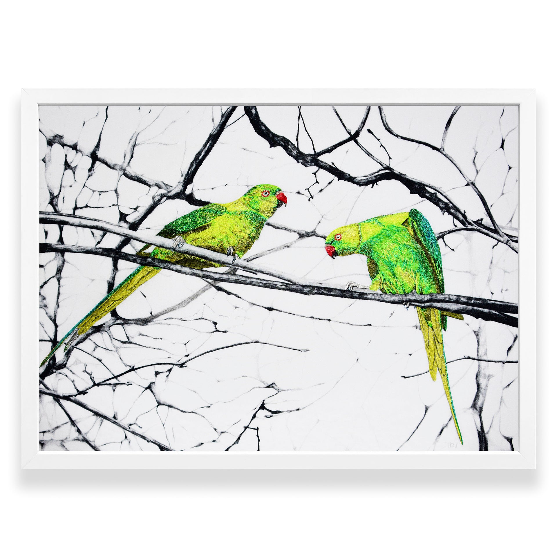 Hand embroidered Parakeets artwork in white frame