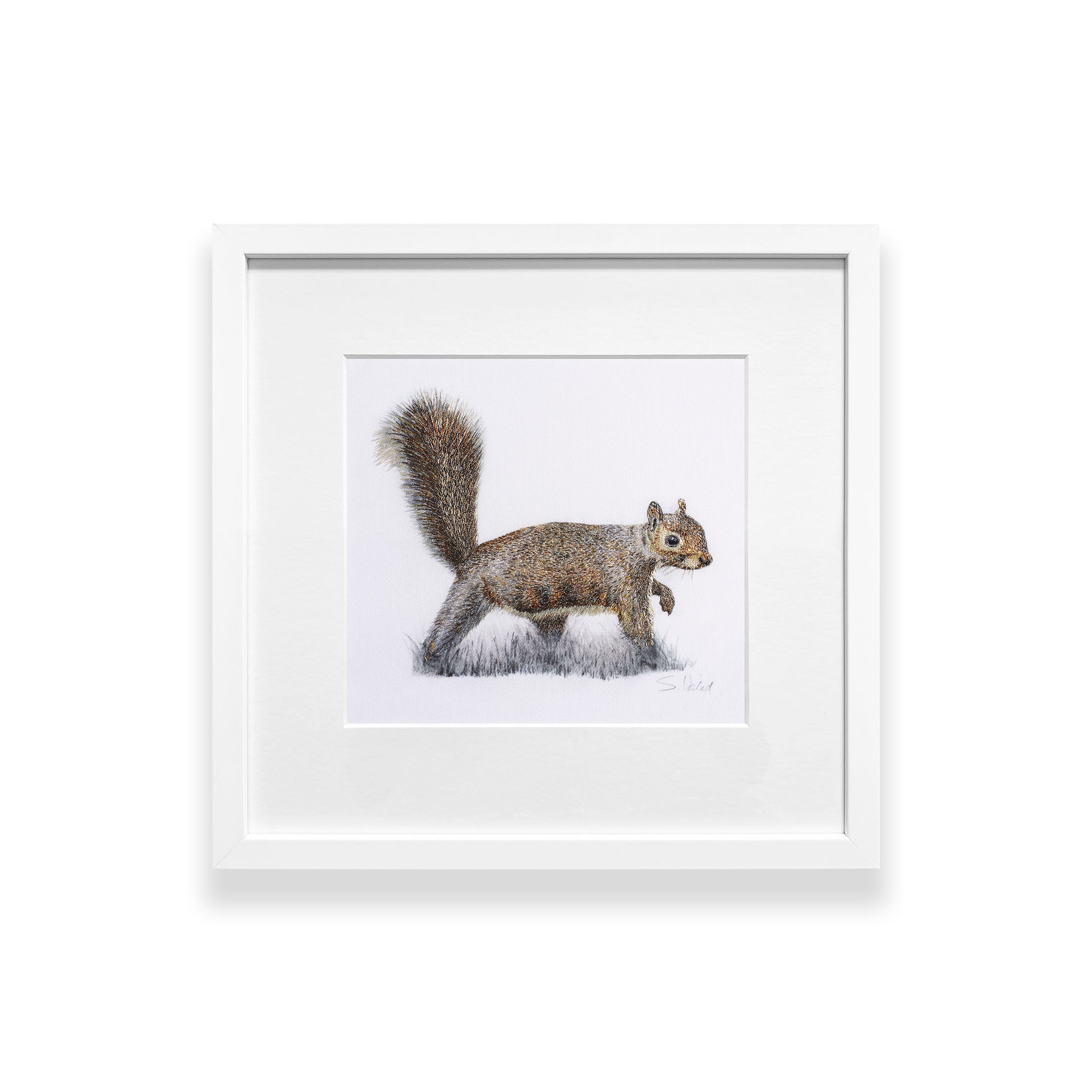 Hand embroidered squirrel original artwork in white frame