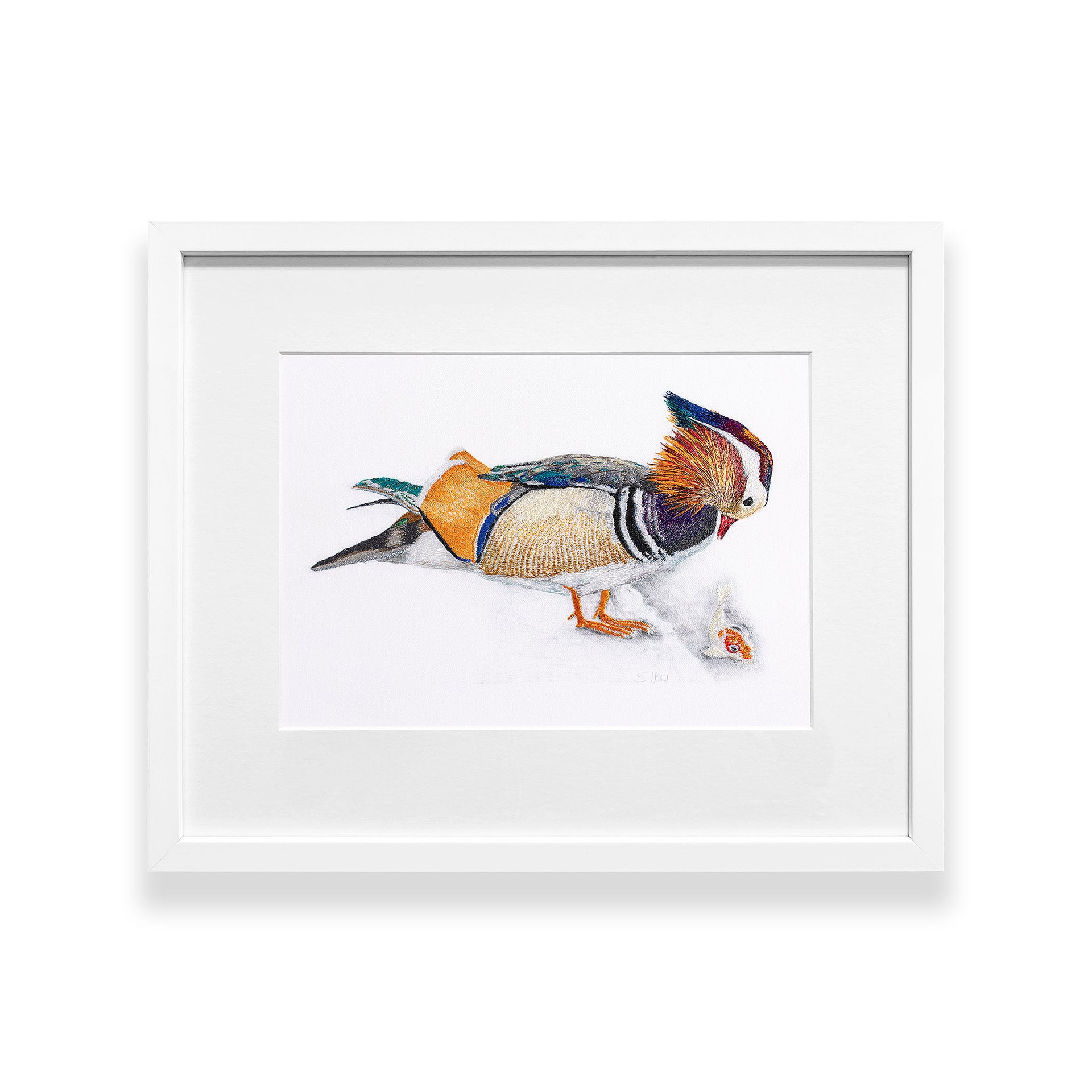 Mandarin duck & fish original hand embroidered artwork framed