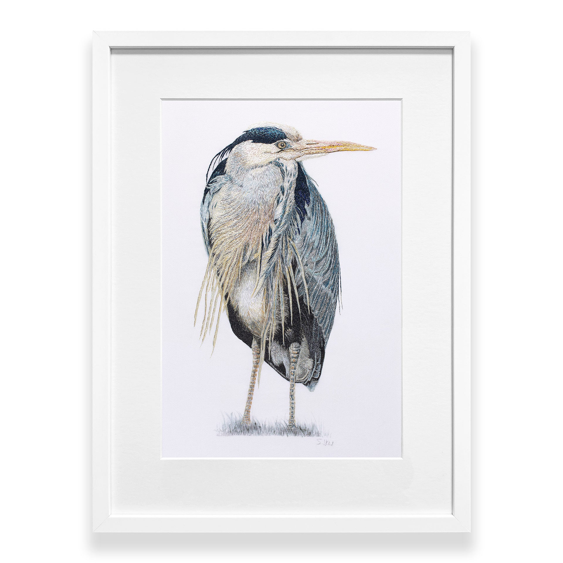 Original hand embroidered heron artwork in white frame