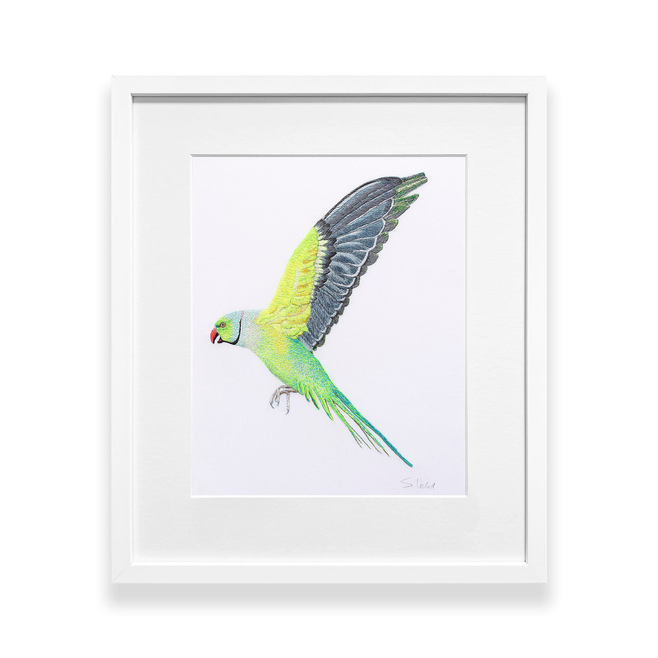 Flying parakeet hand embroidery original artwork in white frame