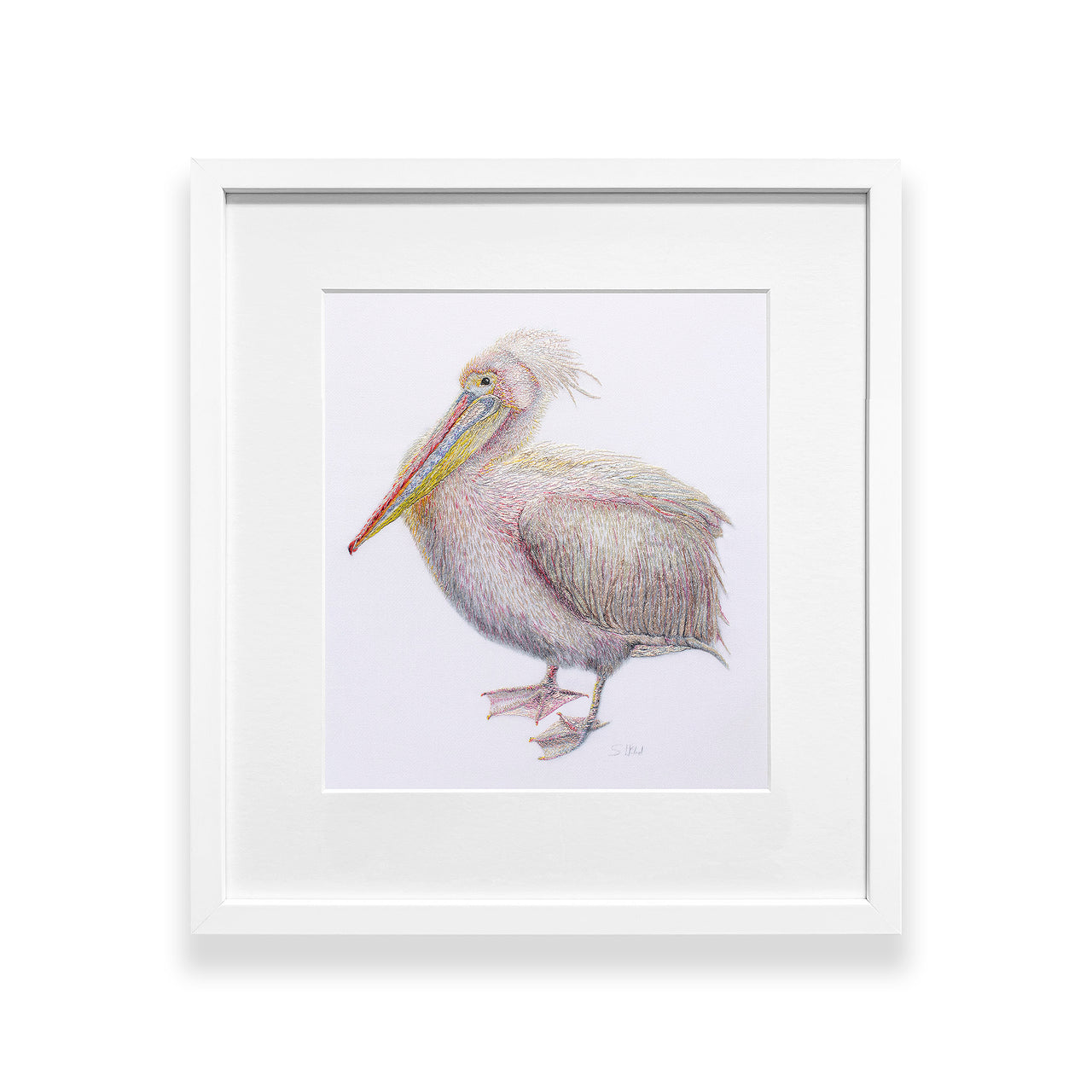 Original hand embroidered pelican artwork in white frame