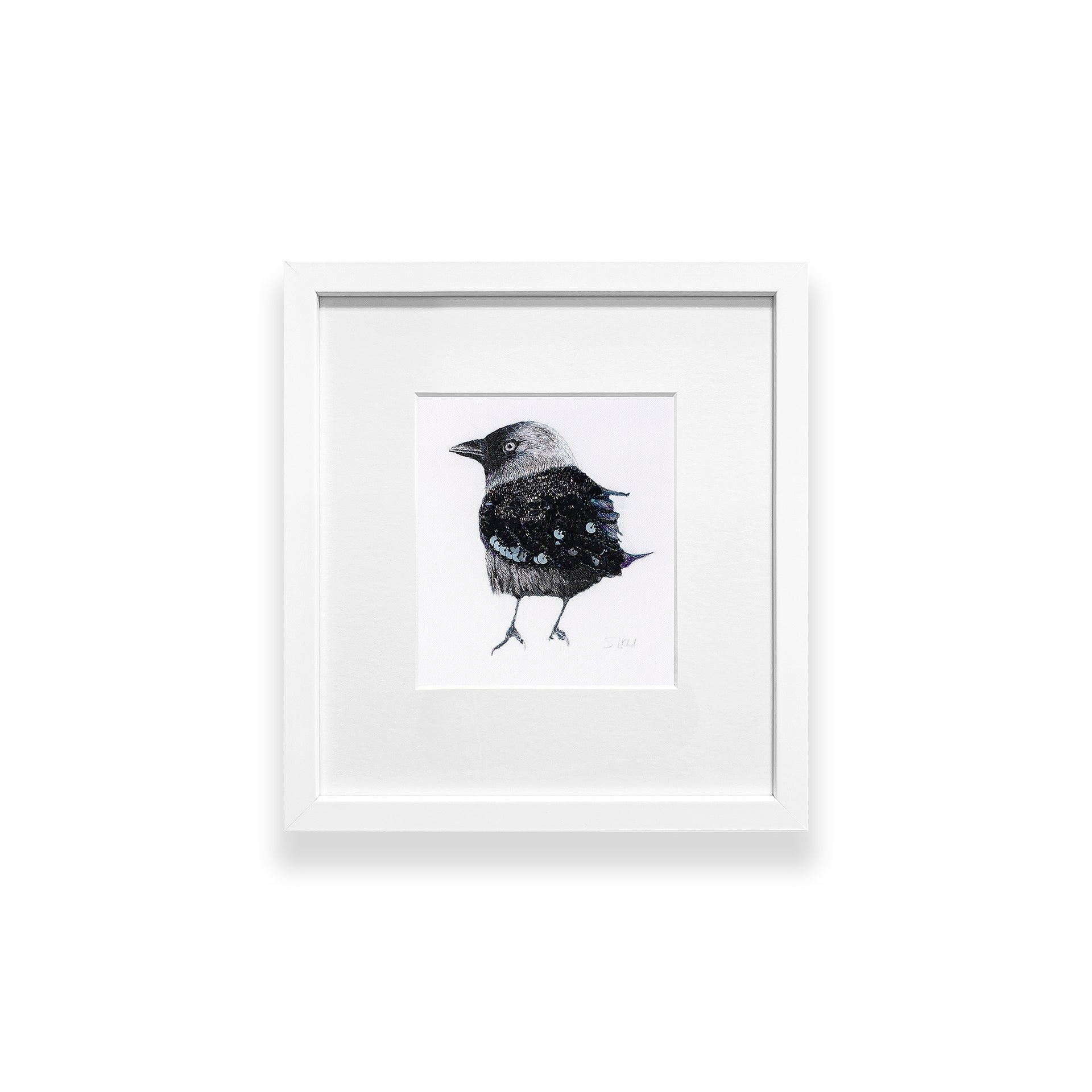Original hand embroidered, bead and sequinned bird artwork in white frame