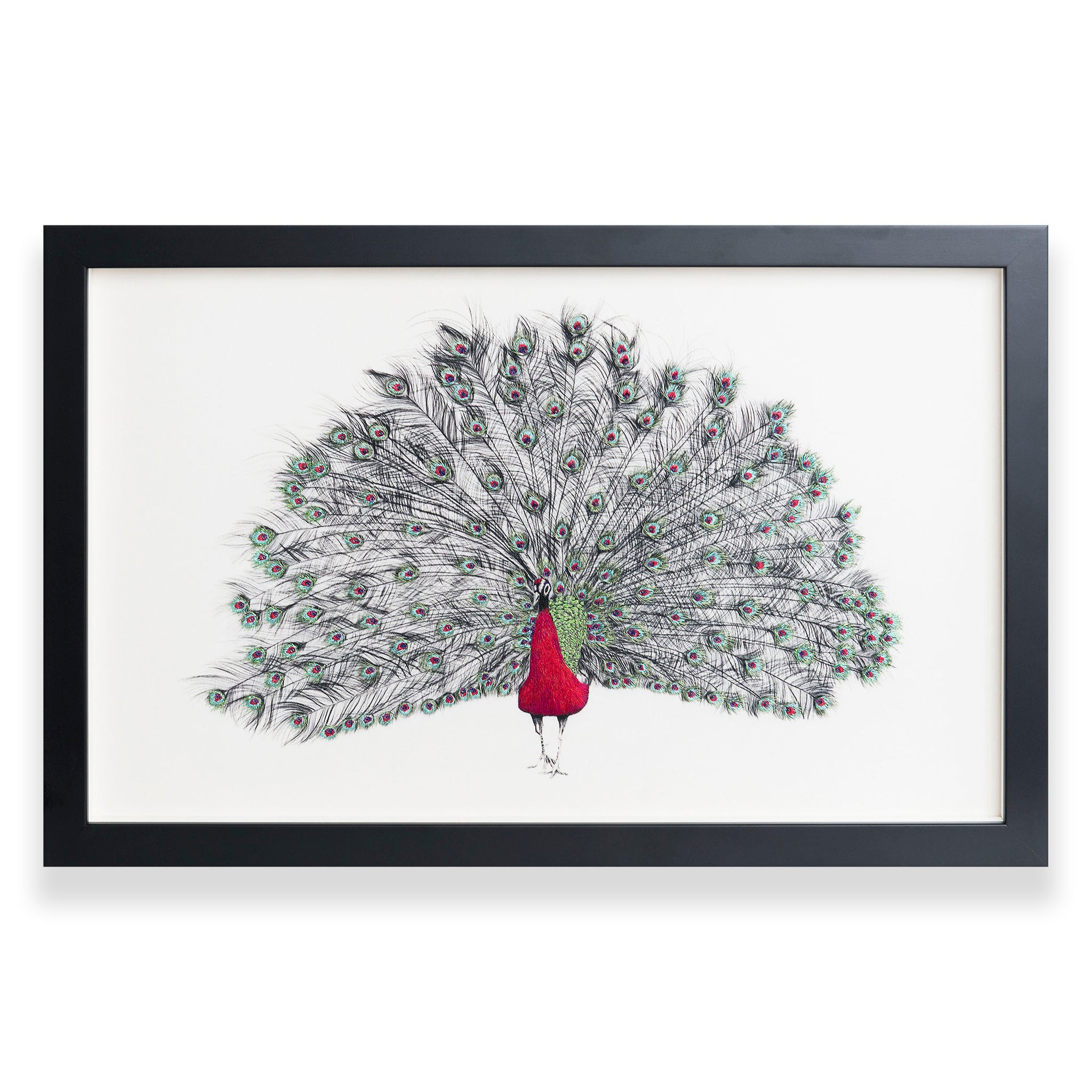 Original peacock hand embroidered artwork in black frame