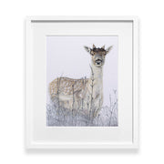 Original young deer hand embroidered artwork in white frame