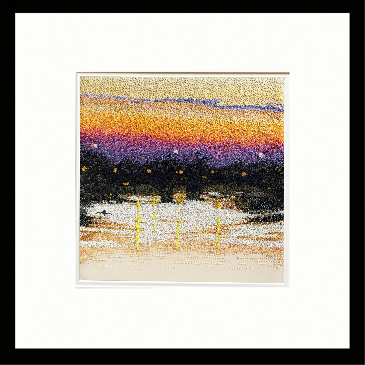 April Sky hand embroidered leather wall art framed.