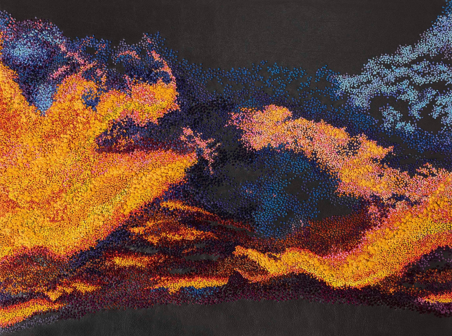December Sky hand embroidered leather wall art.