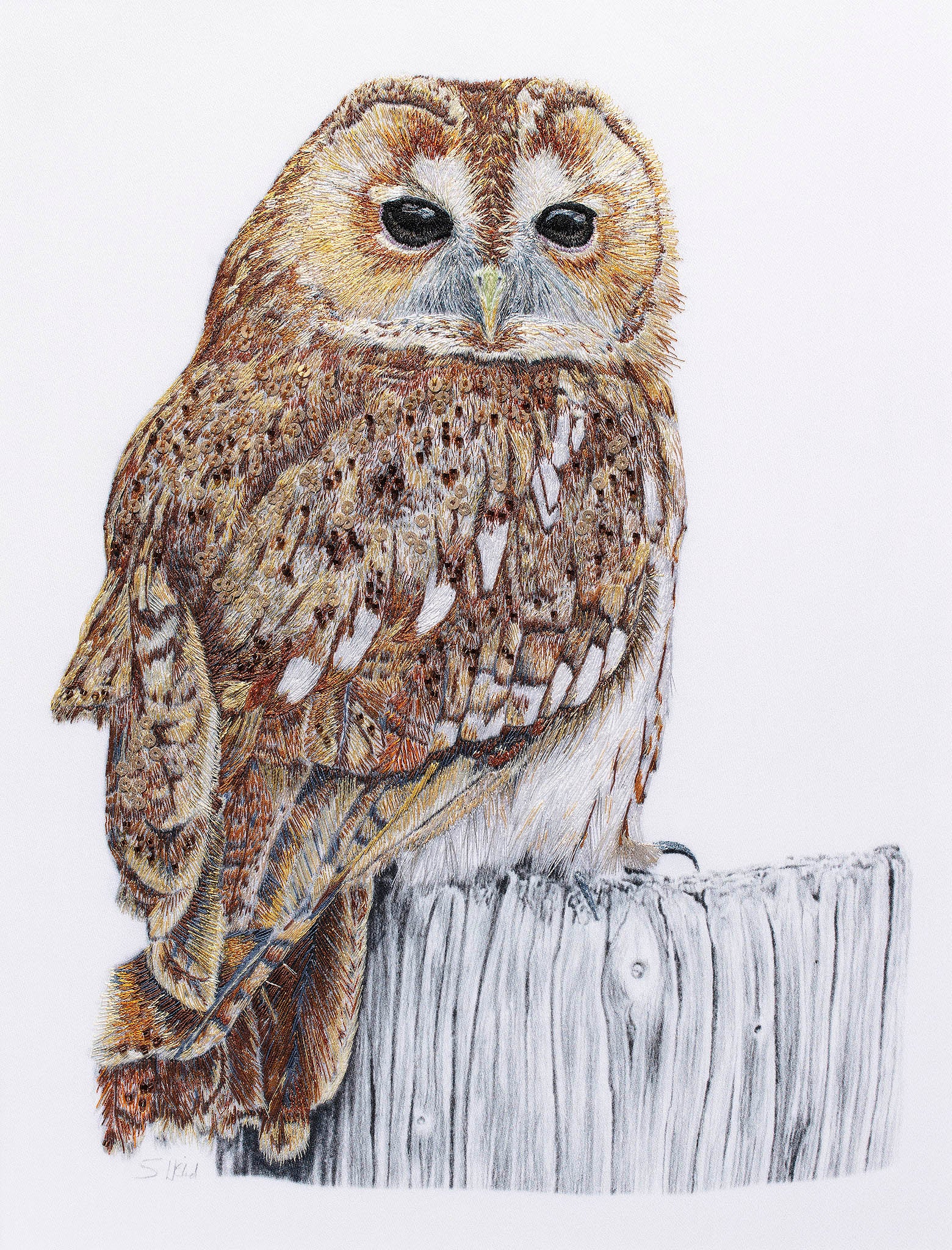 Owl hand embroidered artwork 