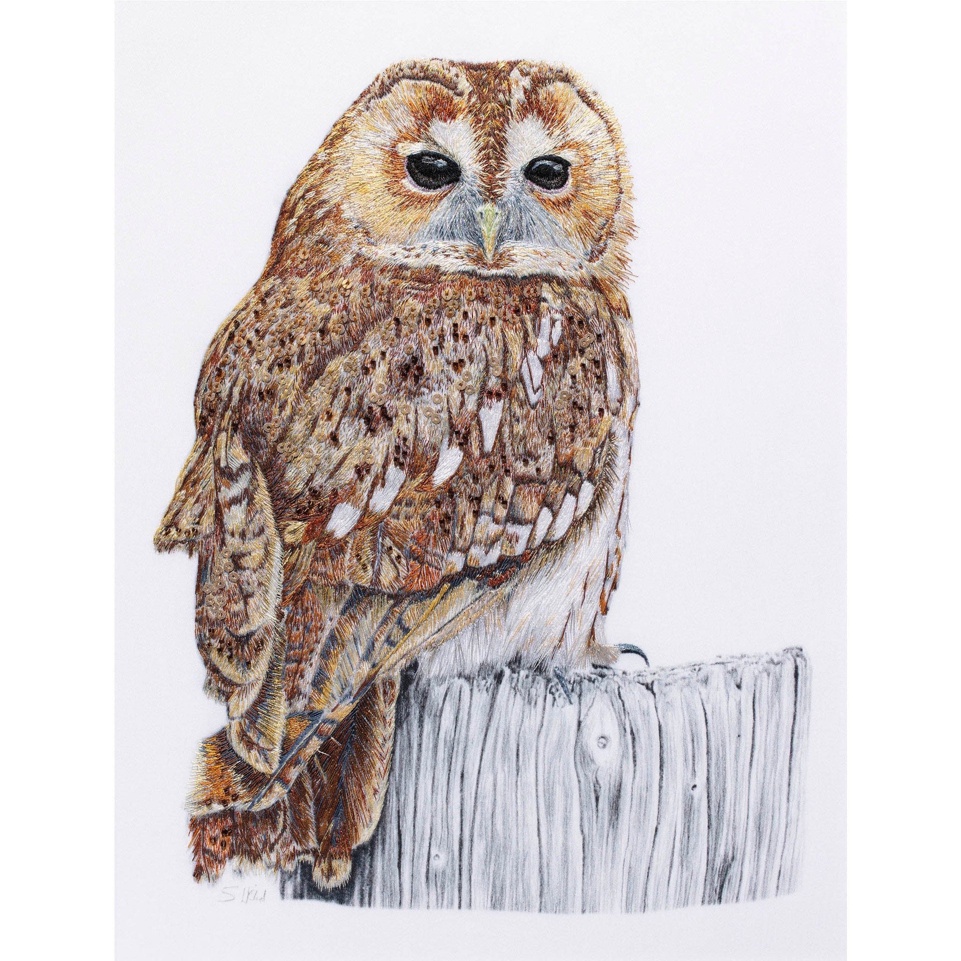 Owl pencil drawing with hand embroidery and beading artwork 