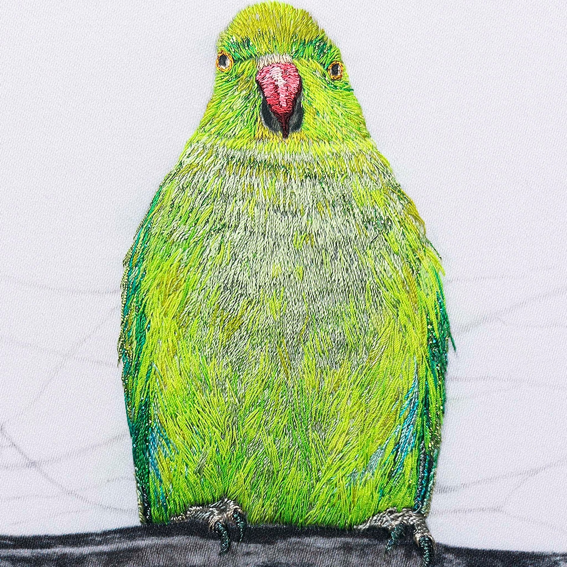 Pencil drawn and hand embroidered Parakeet artwork close up
